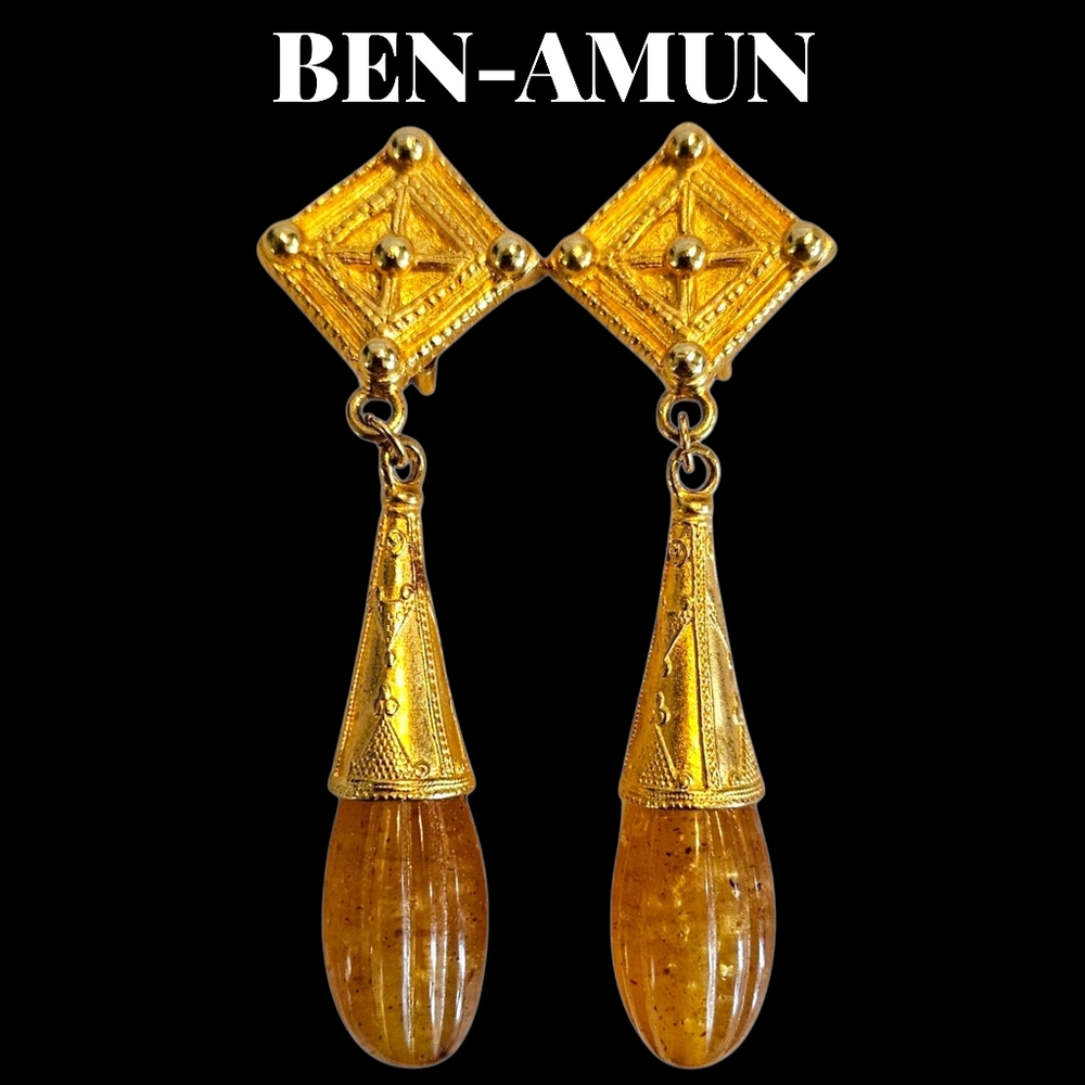 Ben-Anum  24kt Gold Electroplated & Faux Amber Elegant Drop Earrings
